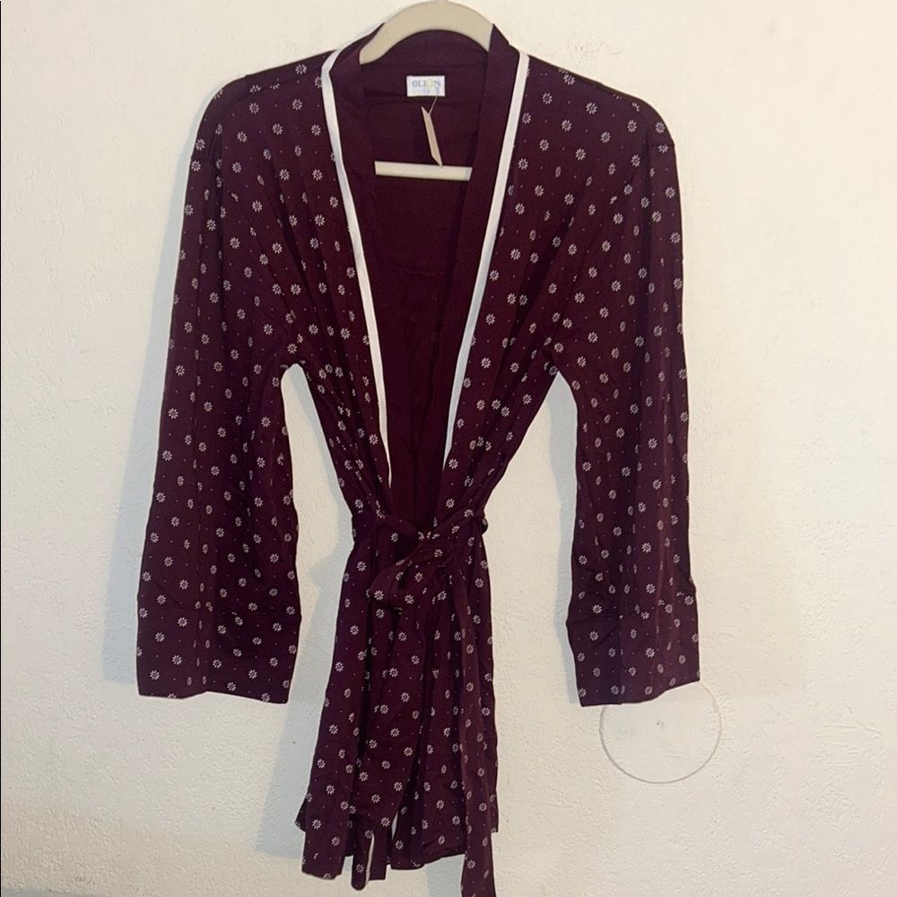 NWT Olian Nursing Pajama Top Kimono Robe Burgundy Polka Dot